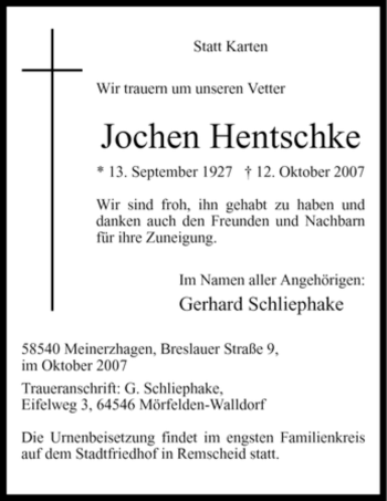 Todesanzeige von Jochen Hentschke von WESTFÄLISCHER ANZEIGER