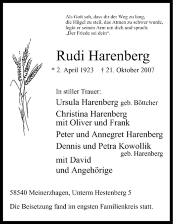 Todesanzeige von Rudi Harenberg von WESTFÄLISCHER ANZEIGER