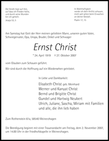 Todesanzeige von Ernst Christ von WESTFÄLISCHER ANZEIGER