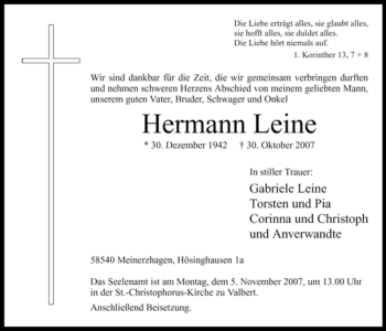 Todesanzeige von Hermann Leine von WESTFÄLISCHER ANZEIGER