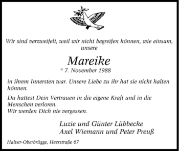 Todesanzeige von Unbekannt Mareike von WESTFÄLISCHER ANZEIGER