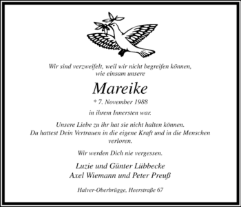 Todesanzeige von Unbekannt Mareike von WESTFÄLISCHER ANZEIGER