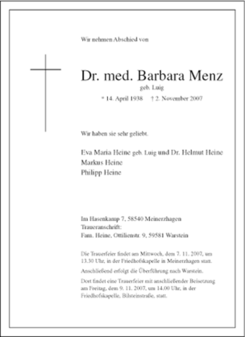 Todesanzeige von Barbara Menz von WESTFÄLISCHER ANZEIGER