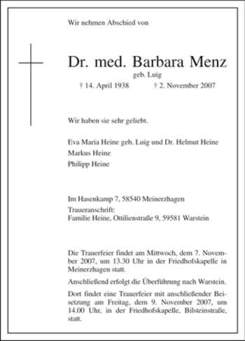 Todesanzeige von Barbara Menz von WESTFÄLISCHER ANZEIGER