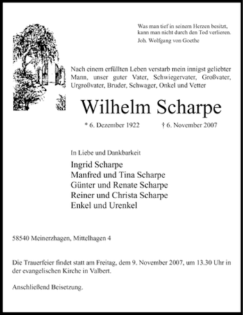 Todesanzeige von Wilhelm Scharpe von WESTFÄLISCHER ANZEIGER