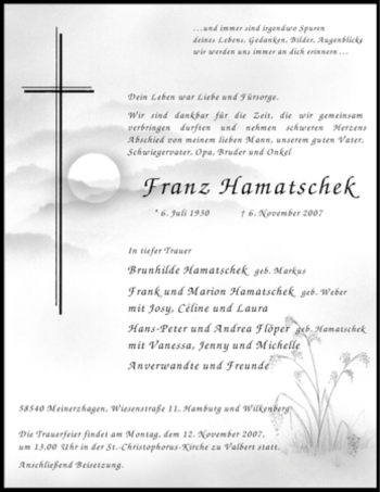 Todesanzeige von Franz Hamatschek von WESTFÄLISCHER ANZEIGER