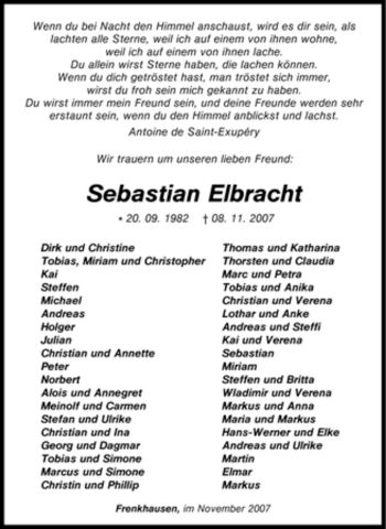 Todesanzeige von Sebastian Elbracht von WESTFÄLISCHER ANZEIGER