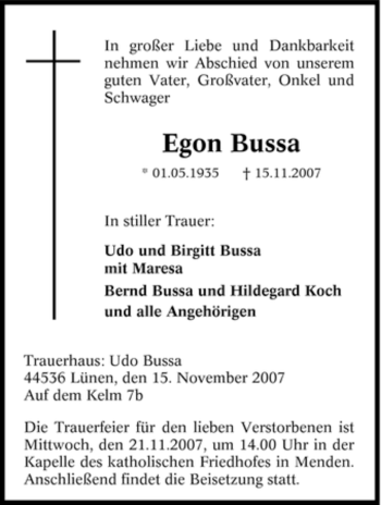 Todesanzeige von Egon Bussa von WESTFÄLISCHER ANZEIGER