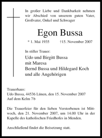 Todesanzeige von Egon Bussa von WESTFÄLISCHER ANZEIGER