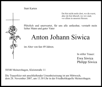 Todesanzeige von Anton Siwica von WESTFÄLISCHER ANZEIGER