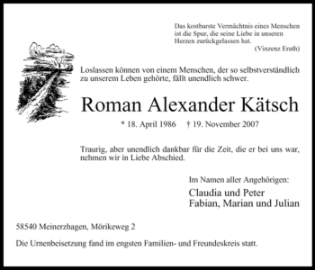 Todesanzeige von Roman Kätsch von WESTFÄLISCHER ANZEIGER