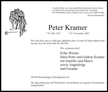 Todesanzeige von Peter Kramer von WESTFÄLISCHER ANZEIGER