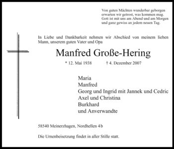 Todesanzeige von Manfred Große-Hering von WESTFÄLISCHER ANZEIGER