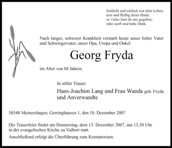 Todesanzeige von Georg Fryda von WESTFÄLISCHER ANZEIGER