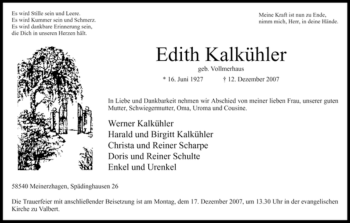 Todesanzeige von Edith Kalkühler von WESTFÄLISCHER ANZEIGER