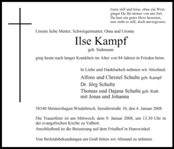 Todesanzeige von Ilse Kampf von WESTFÄLISCHER ANZEIGER