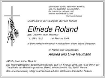 Todesanzeige von Elfriede Roland von WESTFÄLISCHER ANZEIGER