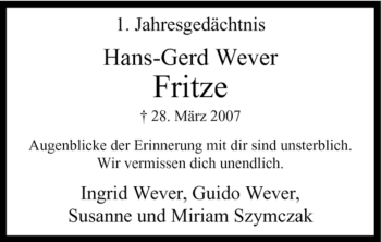 Todesanzeige von Hans-Gerd Wever von WESTFÄLISCHER ANZEIGER