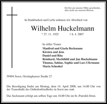 Todesanzeige von Wilhelm Huckelmann von WESTFÄLISCHER ANZEIGER