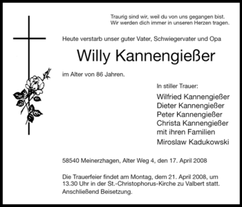 Todesanzeige von Willy Kannengießer von WESTFÄLISCHER ANZEIGER