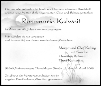 Todesanzeige von Rosemarie Kalweit von WESTFÄLISCHER ANZEIGER