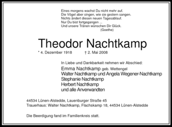 Todesanzeige von Theodor Nachtkamp von WESTFÄLISCHER ANZEIGER