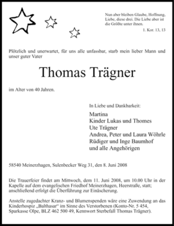 Todesanzeige von Thomas Trägner von WESTFÄLISCHER ANZEIGER