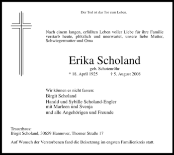 Todesanzeige von Erika Scholand von WESTFÄLISCHER ANZEIGER