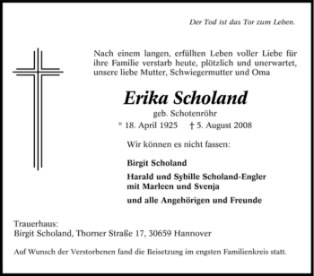 Todesanzeige von Erika Scholand von WESTFÄLISCHER ANZEIGER