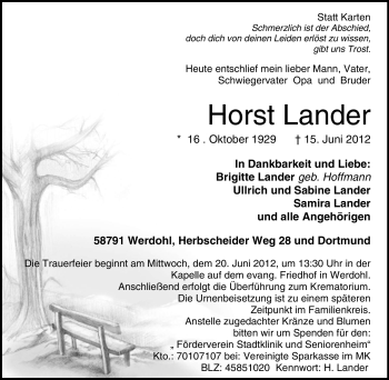 Todesanzeige von Horst Lander von WESTFÄLISCHER ANZEIGER