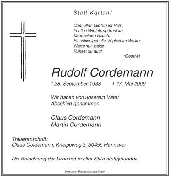 Todesanzeige von Rudolf Cordemann von WESTFÄLISCHER ANZEIGER