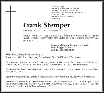 Todesanzeige von Frank Stemper von MZV