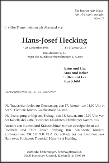 Todesanzeige von Hans-Josef Hecking von MZV