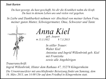 Todesanzeige von Anna Kiel von MZV