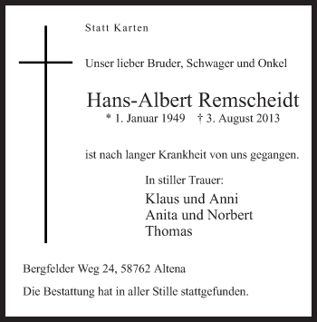 Todesanzeige von Hans-Albert Remscheidt von MZV