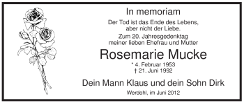 Todesanzeige von Rosemarie Mucke von WESTFÄLISCHER ANZEIGER