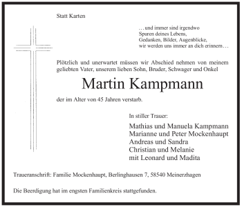 Todesanzeige von Martin Kampmann von WESTFÄLISCHER ANZEIGER