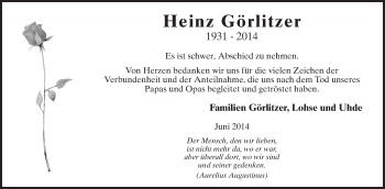 Todesanzeige von Heinz Görlitzer von MZV