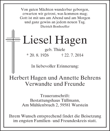 Todesanzeige von Liesel Hagen von MZV
