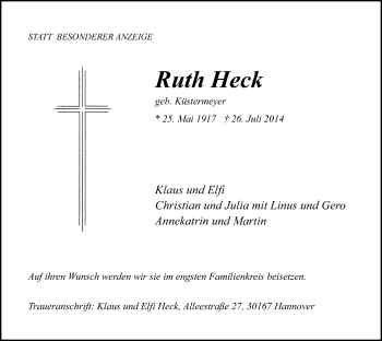 Todesanzeige von Ruth Heck von MZV