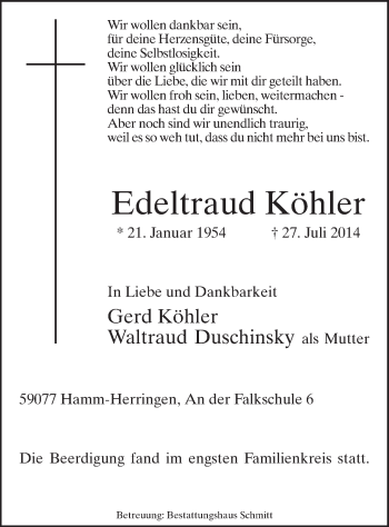 Todesanzeige von Edeltraud Köhler von MZV