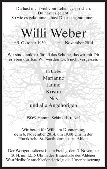 Todesanzeige von Willi Weber von MZV