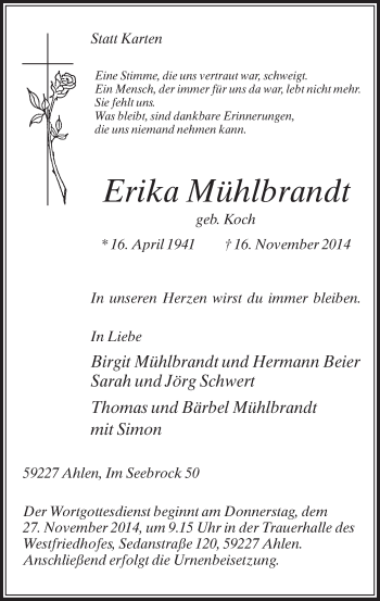 Todesanzeige von Erika Mühlbrandt von MZV