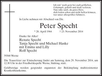 Todesanzeige von Peter Specht von MZV