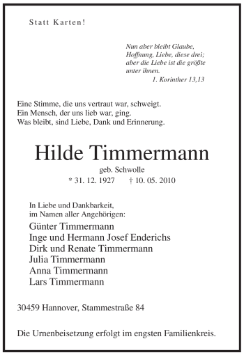 Todesanzeige von Hilde Timmermann von WESTFÄLISCHER ANZEIGER