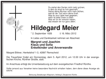 Todesanzeige von Hildegard Meier von WESTFÄLISCHER ANZEIGER