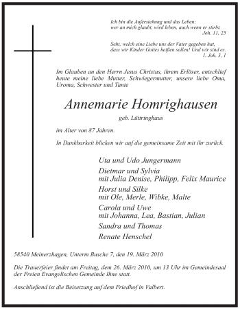 Todesanzeige von Annemarie Homrighausen von WESTFÄLISCHER ANZEIGER