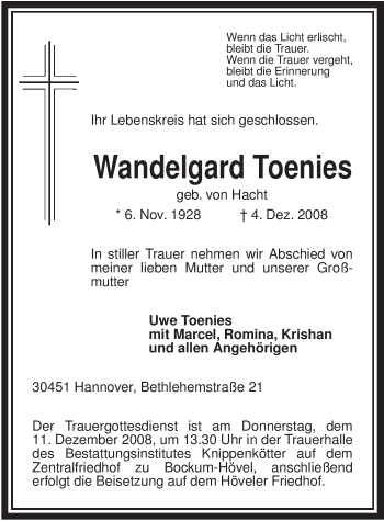 Todesanzeige von Wandelgard Tönnies von WESTFÄLISCHER ANZEIGER