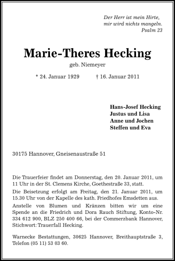 Todesanzeige von Marie-Theres Hecking von WESTFÄLISCHER ANZEIGER