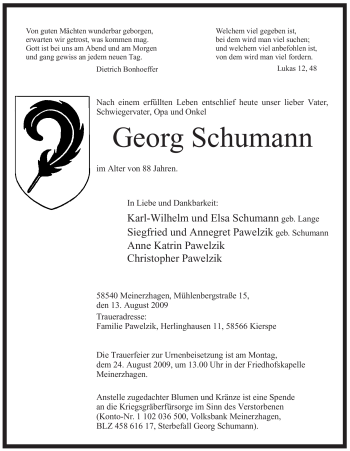 Todesanzeige von Georg Schumann von WESTFÄLISCHER ANZEIGER